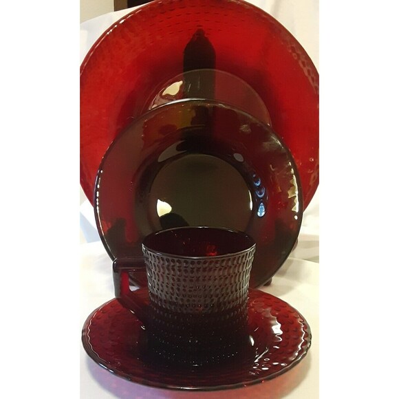 4pc Arcoroc Ruby Red "Elderberry Glass": Dinner, Salad, Bread, Cups UV Reactive - Picture 4 of 15